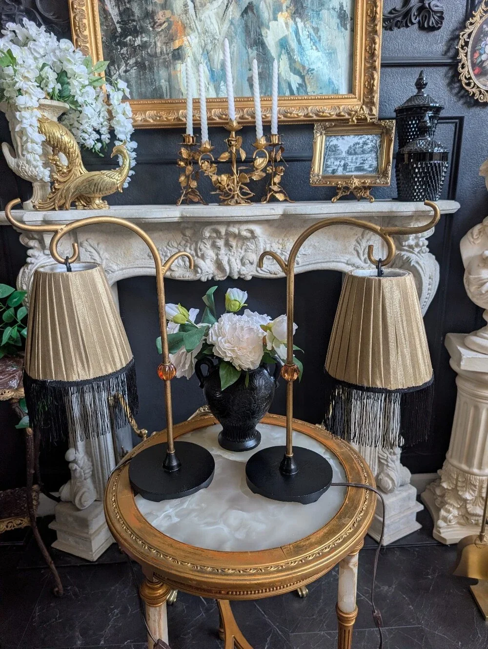 Vintage, set of 2,  Cast Metal Black/Gold bridge-style table lamp w/ Fringe